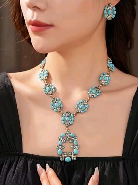 Turquoise Floral Statement Necklace and Ring Set - Women's Jewelry